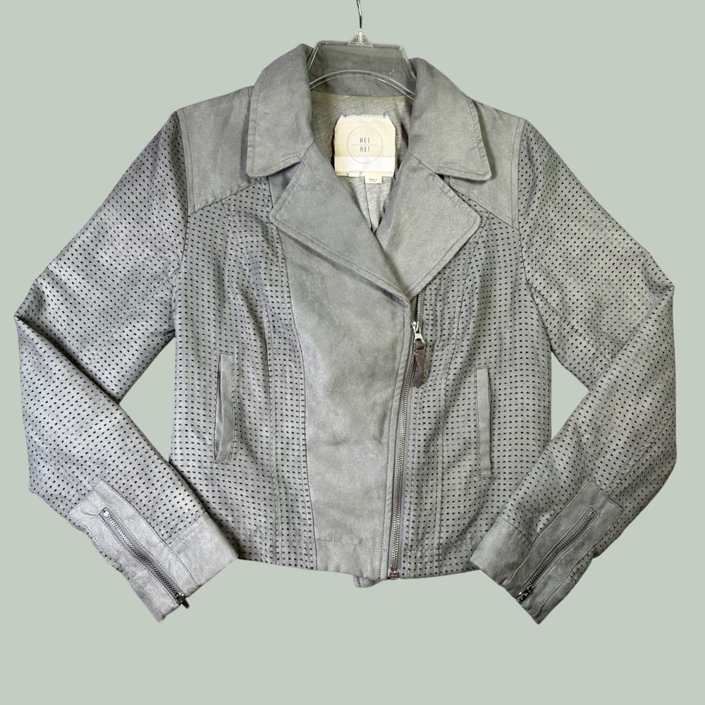 Hei Hei Anthropologie Perforated Faux Suede Moto Jacket XS Gray Edgy Chic Grunge